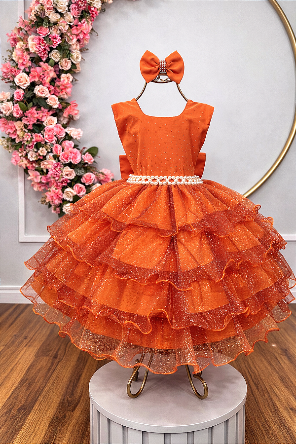 Vestido Infantil Terracota Saia Babados e Glitter Festas