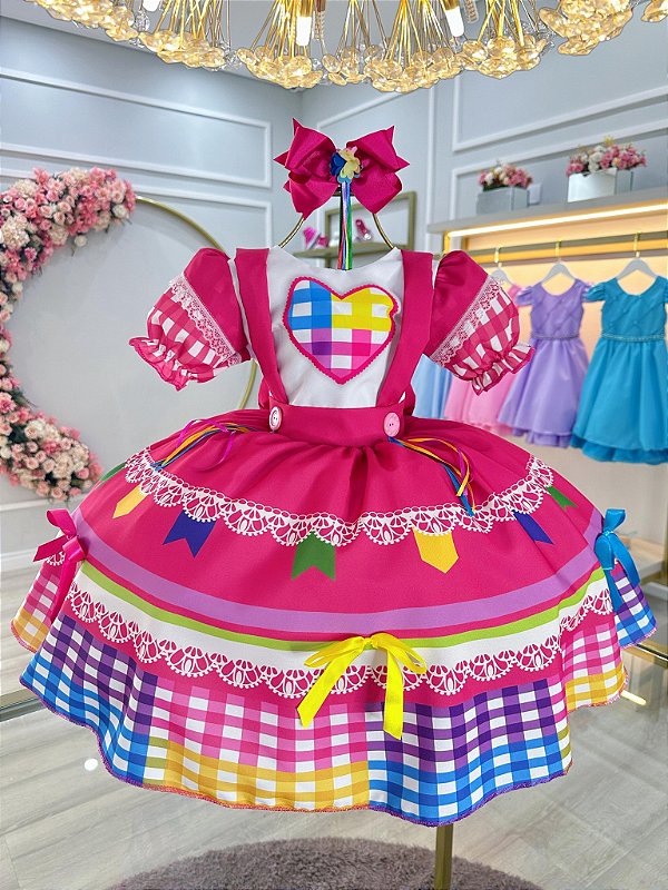 Vestido Infantil Junino Caipira Arraiá Pink Colorido Luxo