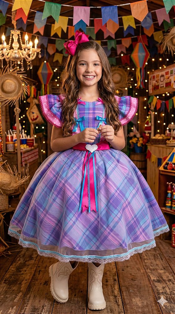 Vestido Infantil Junino Quermesse do Interior Lilas