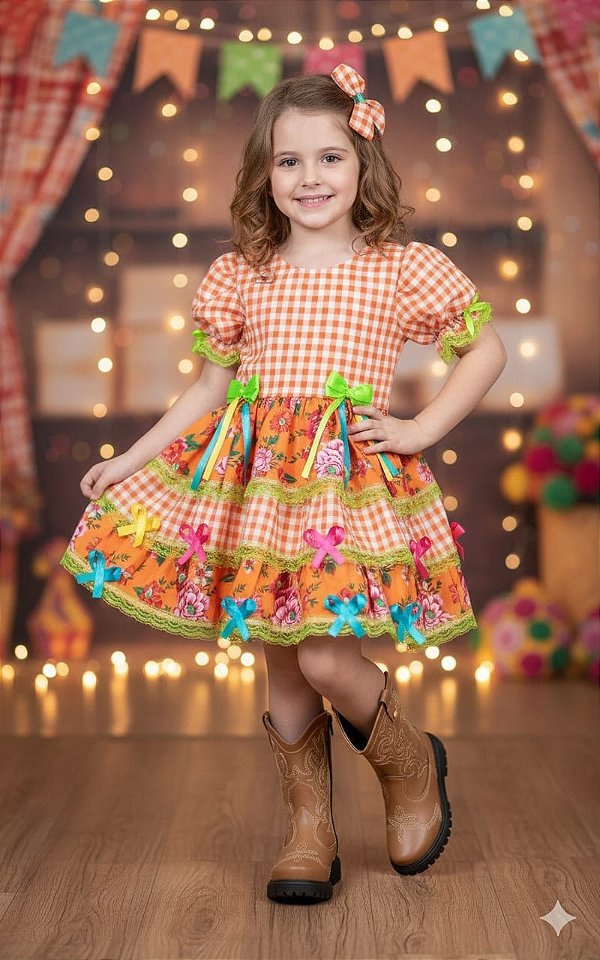 Vestido Infantil Junino Caipira Xadrez Laranja Flores Coloridas