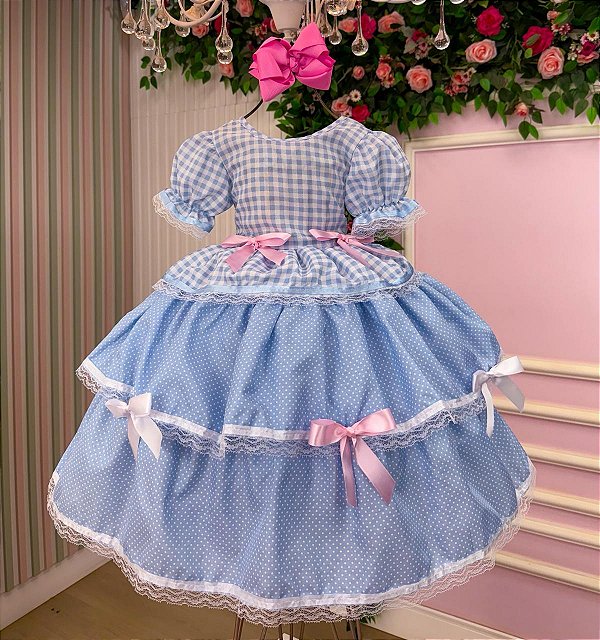 Vestido Infanntil Junino Luxo Azul Bebe Quadrilha Festa Junina