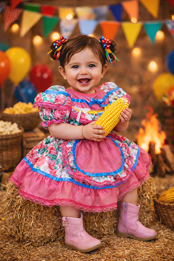 Vestido Junino Bebê Arraiá Festa Rosa Colorido Florzinhas