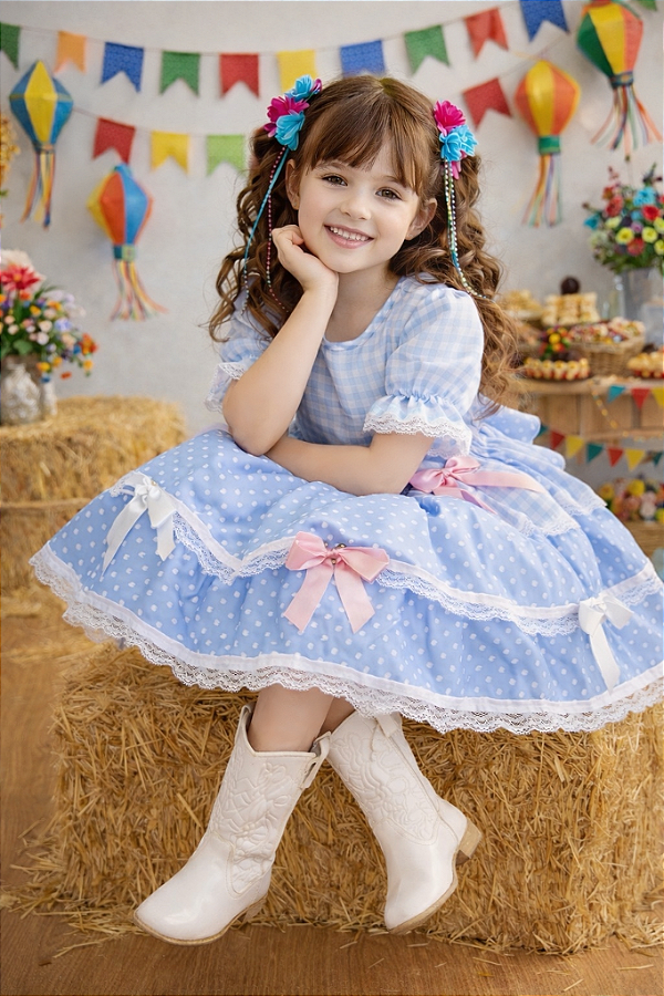 Vestido Infantil Junino Caipira Arraiá Azul Claro Xadrez Laços