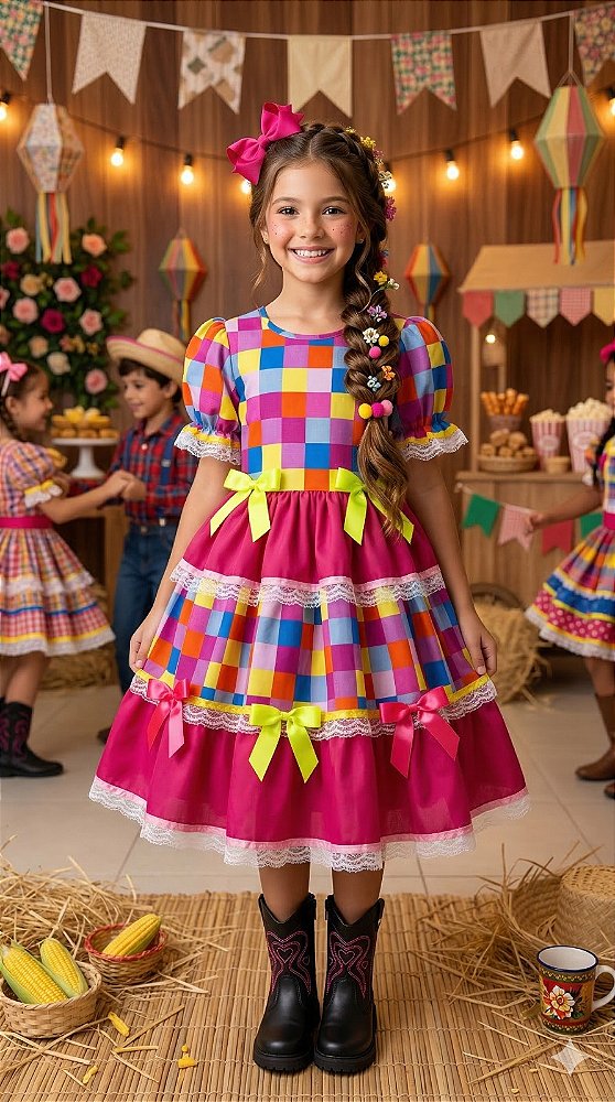 Vestido Junino Colorido Arraiá Xadrez Laços