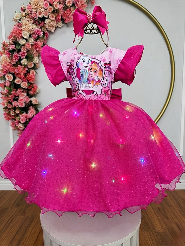 Vestido Infantil Patrulha Canina Skye Pink Saia com Leds Festas
