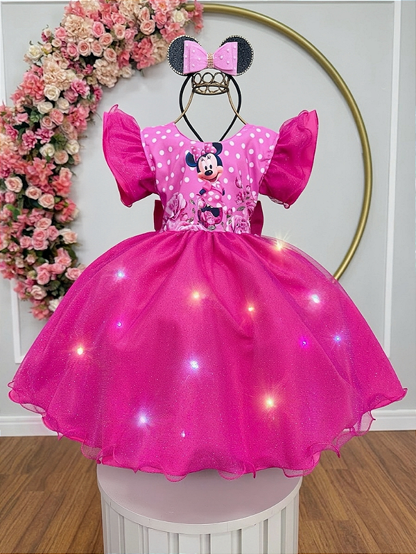 Vestido Infantil Pink da Minnie Saia Glitter e Led Festas