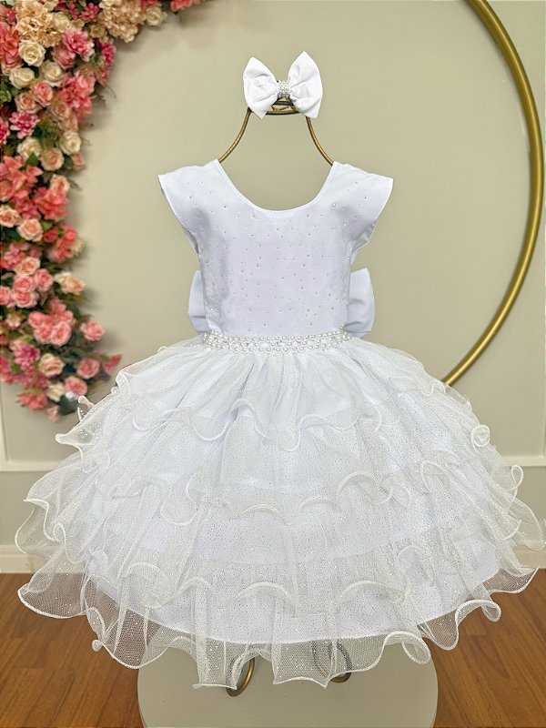 Vestido Infantil Branco Saia Babados e Glitter Daminha