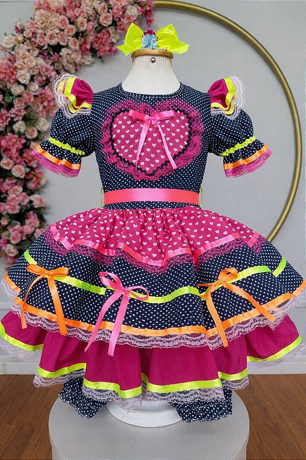 Vestido Infantil Junino Azul Marinho Colorido com Babados Luxo