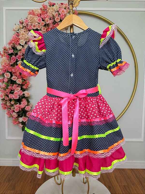 Vestido Infantil Junino Azul Marinho Colorido com Babados Luxo