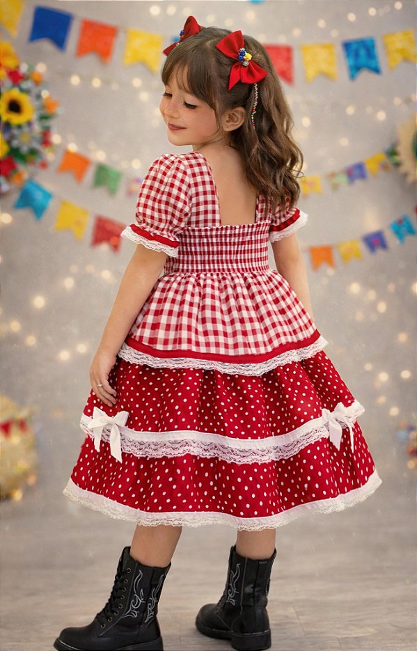 Vestido Infantil Junino Caipira Arraiá Vermelho Xadrez Laços