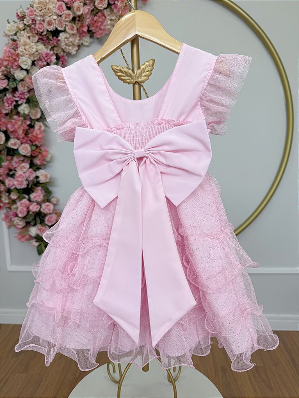 Vestido Infantil Rosa Claro Saia Babados e Glitter Daminhas