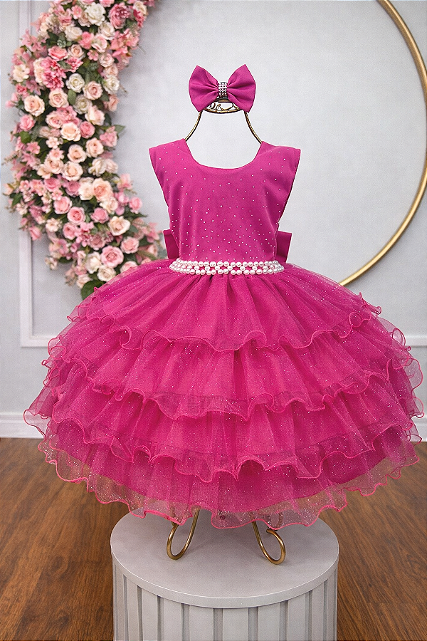 Vestido Infantil Pink Saia Babados e Glitter Festas