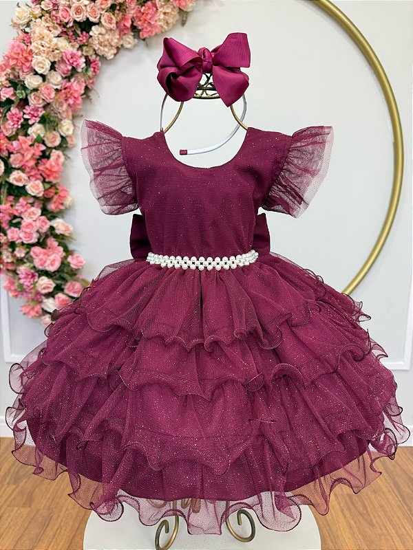 Vestido Infantil Marsala Saia com Babados e Glitter Festas