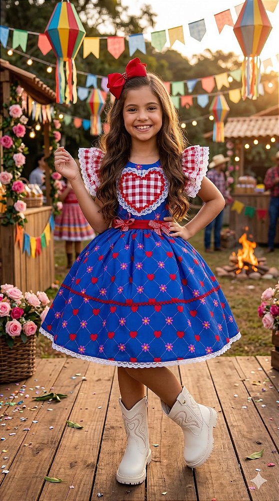 Vestido Infantil Junino Azul Royal Quadrilha Festa Junina