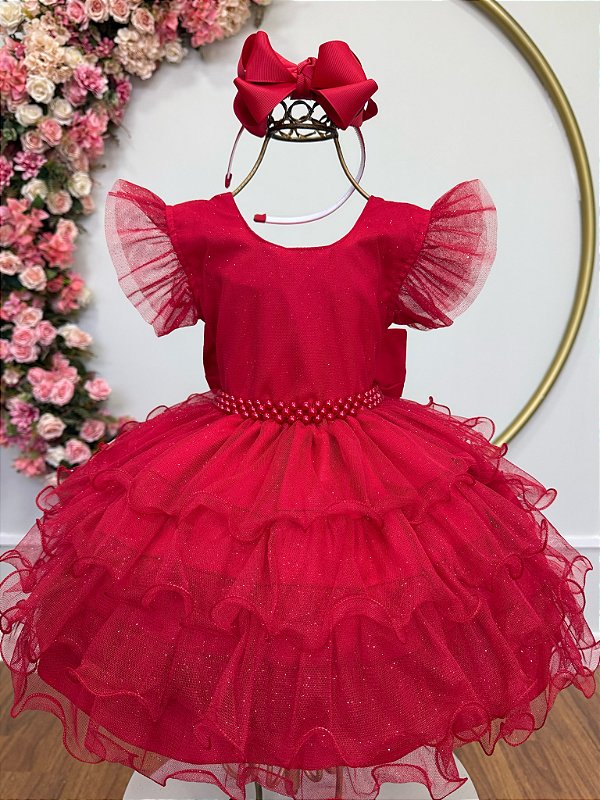 Vestido Infantil Vermelho Saia com Babados e Glitter Festas