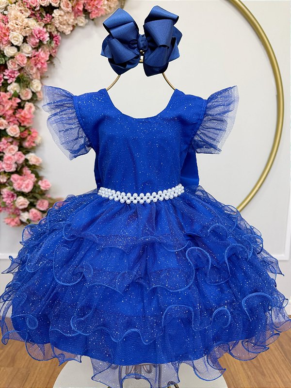 Vestido Infantil Azul Royal Saia com Babados e Glitter Festas