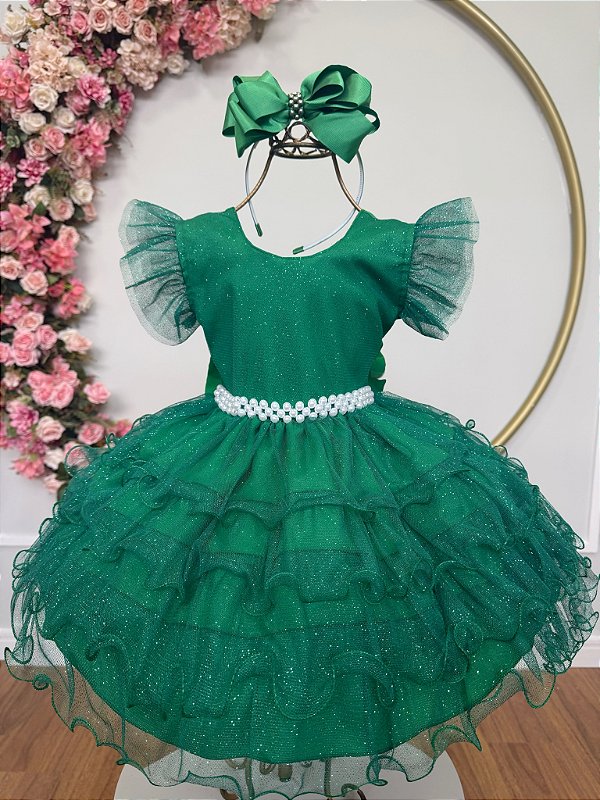 Vestido Infantil Verde Saia com Babados e Glitter Festas