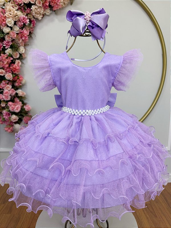 Vestido Infantil Lilás Saia Babados e Glitter Festas