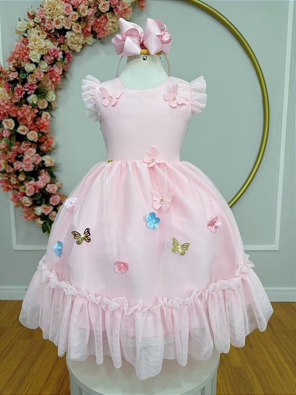 Vestido Infantil Rosa Claro Jardim Encantado Apliques Festas