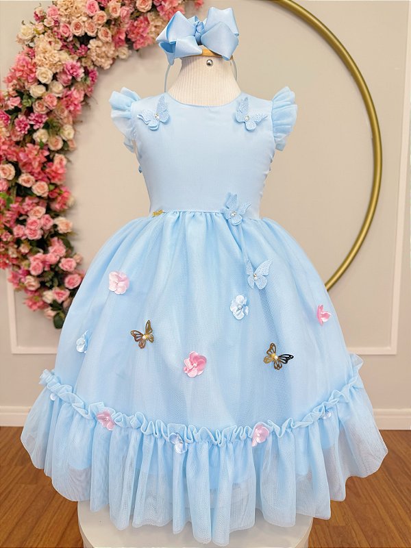 Vestido Infantil Azul Claro Jardim Encantado Apliques Festas