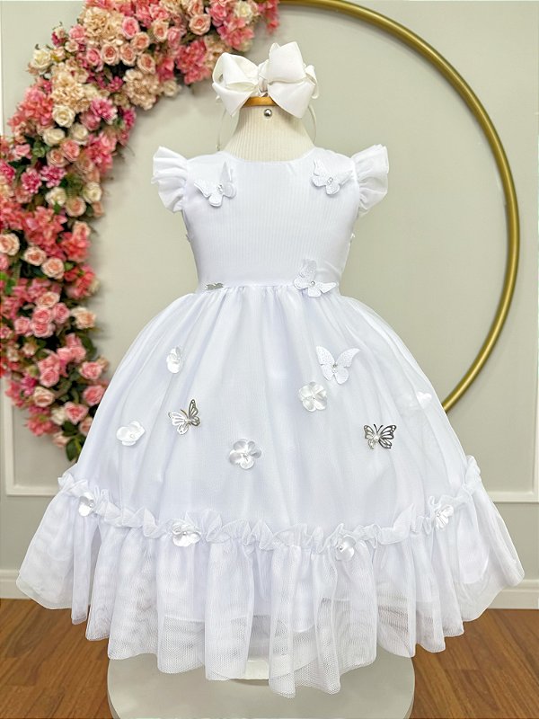 Vestido Infantil Branco Jardim Encantado Apliques Festas