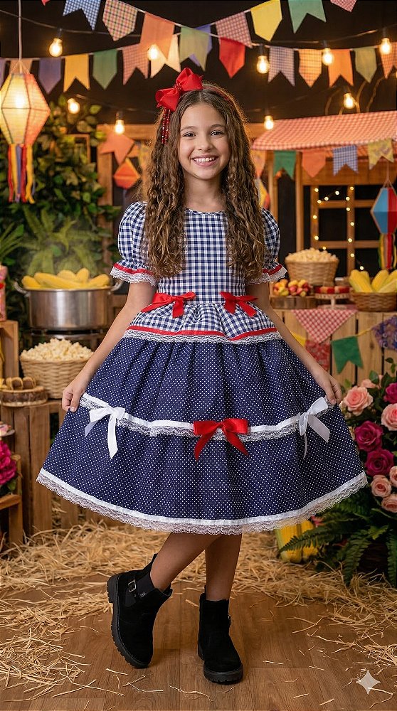 Vestido Junino Luxo Azul Marinho Festa Junina