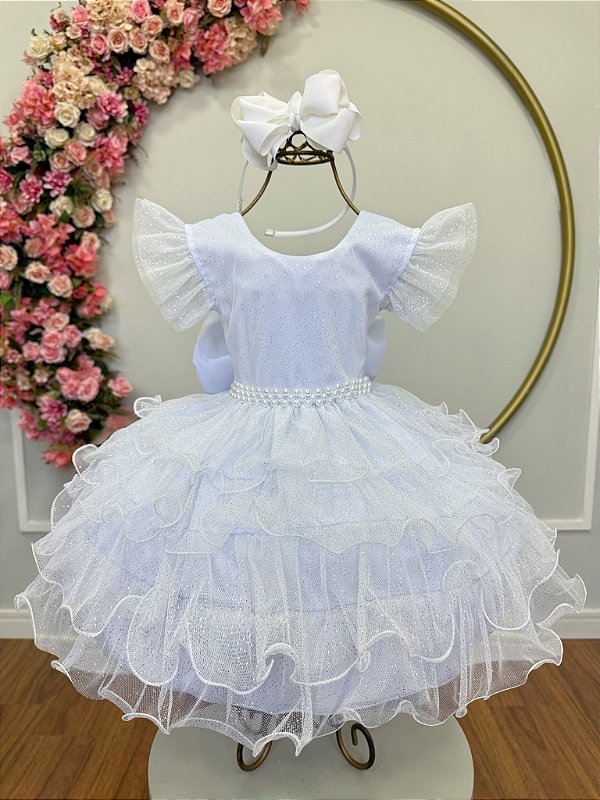 Vestido Infantil Branco Saia com Babados e Glitter Festas