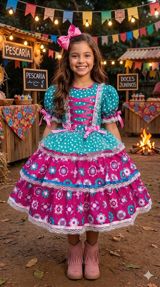 VestidoInfantil Junino Verde Chique com Babados e Laços