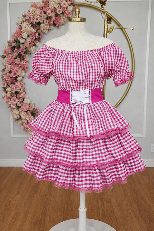 Vestido Adulto Junino Arraiá Festas Pink Xadrez