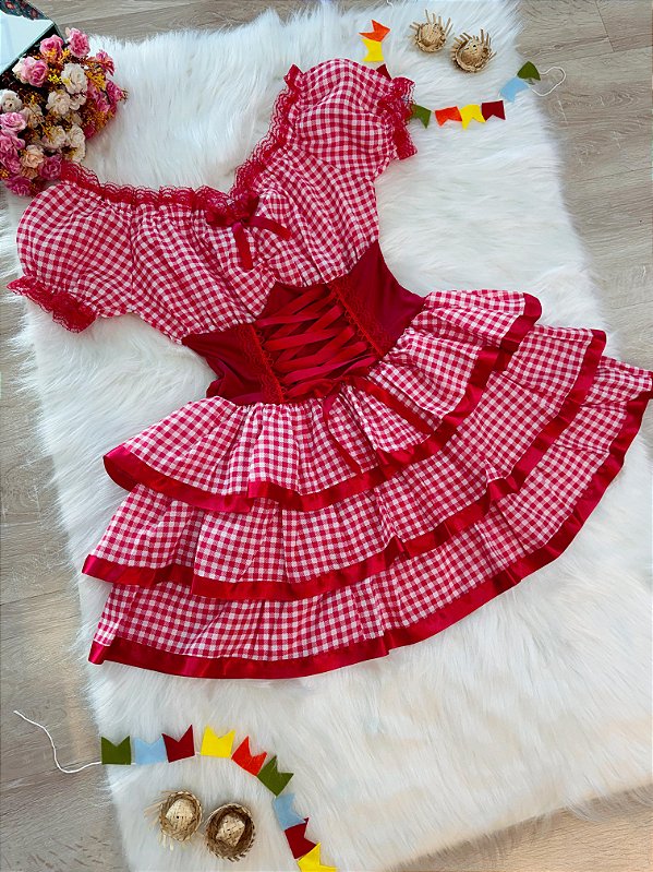 Fantasia Adulto Junino Arraiá Vermelho Xadrez Festas