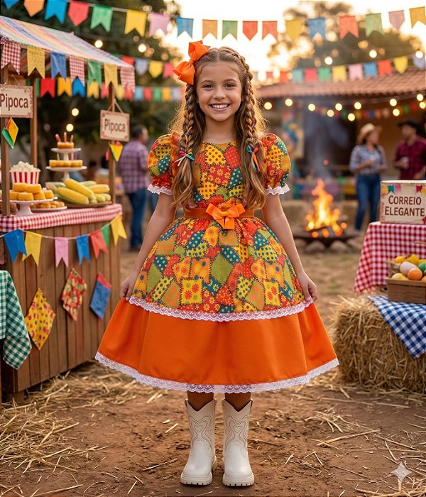Vestido Infantil Junino Estrela do Sertão Laranja