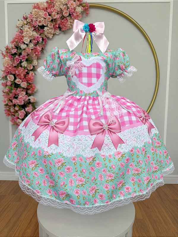 Vestido Infantil Junino Caipira Verde Florido Xadrez Luxo