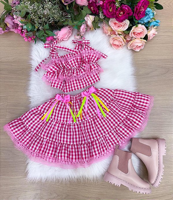 Conjunto Junino Infantil Luxo Charme do Arraiá Rosa