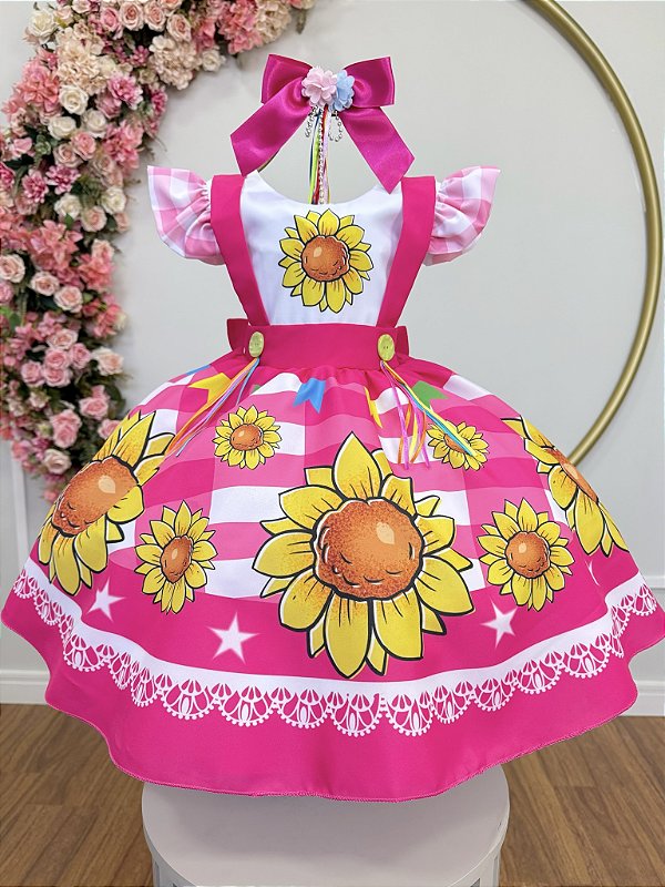 Vestido Infantil Junino Festas Pink Girassol Colorido