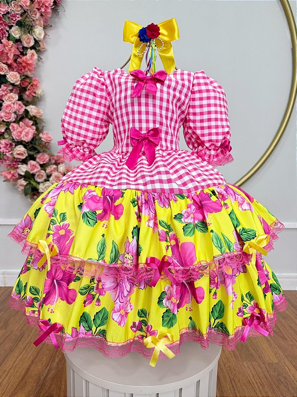Vestido Infantil Junino Caipira Xadrez Rosa e Amarelo Florido
