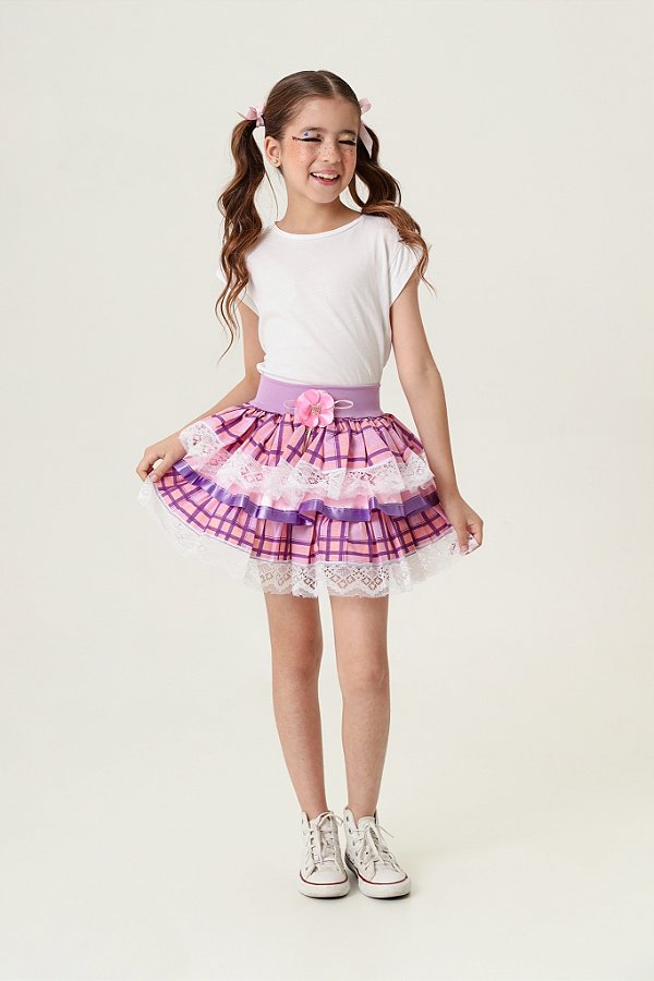 Saia Meninas Junino Caipira Lilás Xadrez