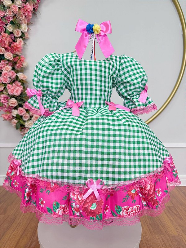Vestido Infantil Junino Arraiá Caipira Xadrez Verde Florido