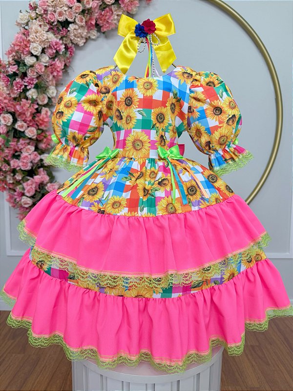 Vestido de Festa Junina Infantil Junino Quadrilha Pink Luxo