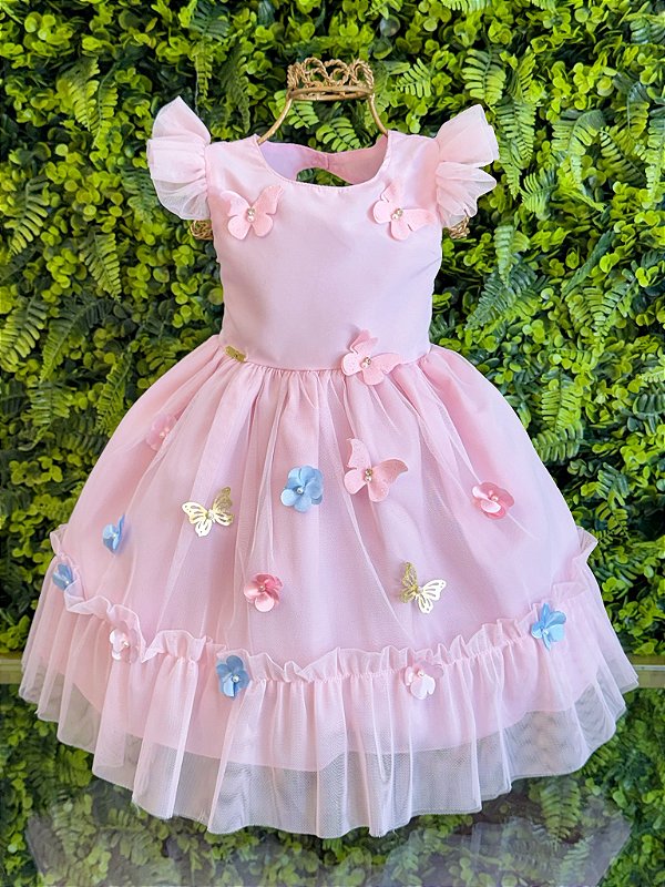 Vestido Bebê Rosa Claro Jardim Encantado Luxo