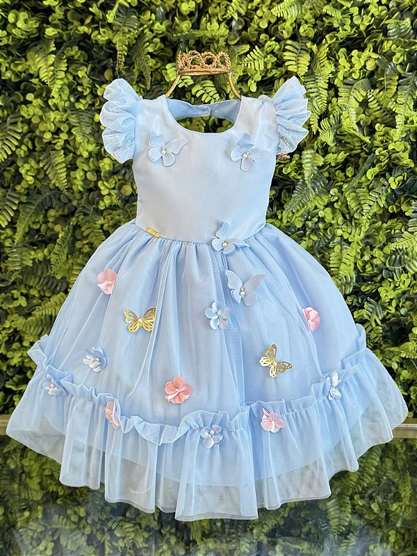Vestido Bebê Azul Claro Jardim Encantado Luxo
