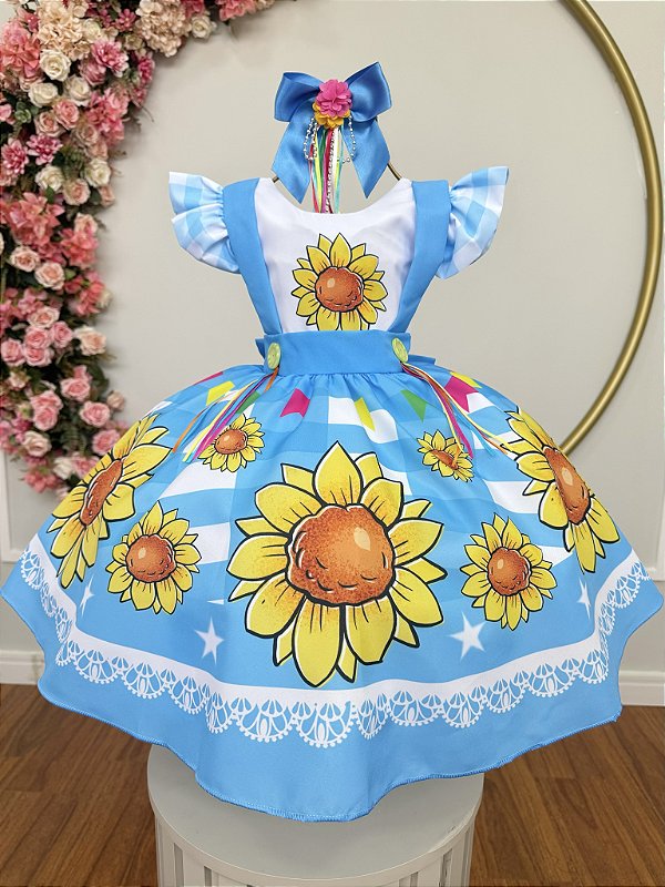 Vestido Infantil Junino Festas Azul Girassol Colorido