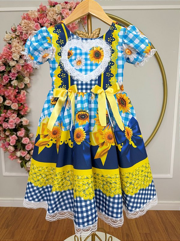 Vestido Infantil Junino Xadrez Caipira Azul Girassol Luxo