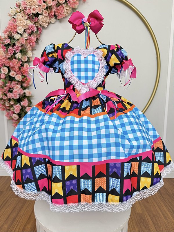 Vestido Infantil Junino Caipira Azul Xadrez Quadrilha Luxo