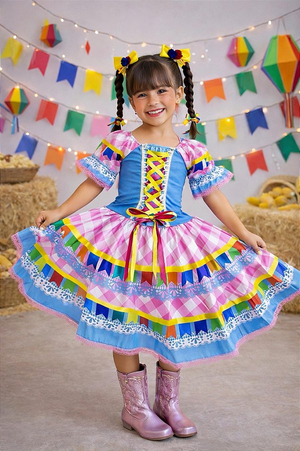 Vestido Infantil Junino Caipira Azul Saia Xadrez Colorido Festas