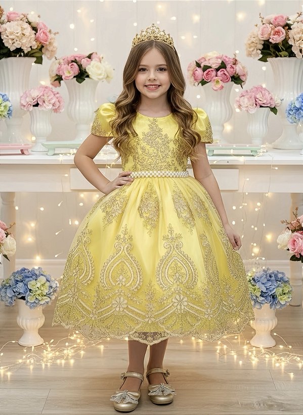 Vestido Infantil Amarelo Renda Dourada Realeza Festas