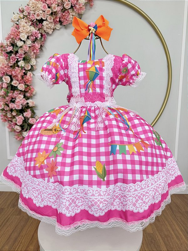 Vestido Infantil Junino Caipira Xadrez Rosa Chiclete Luxo
