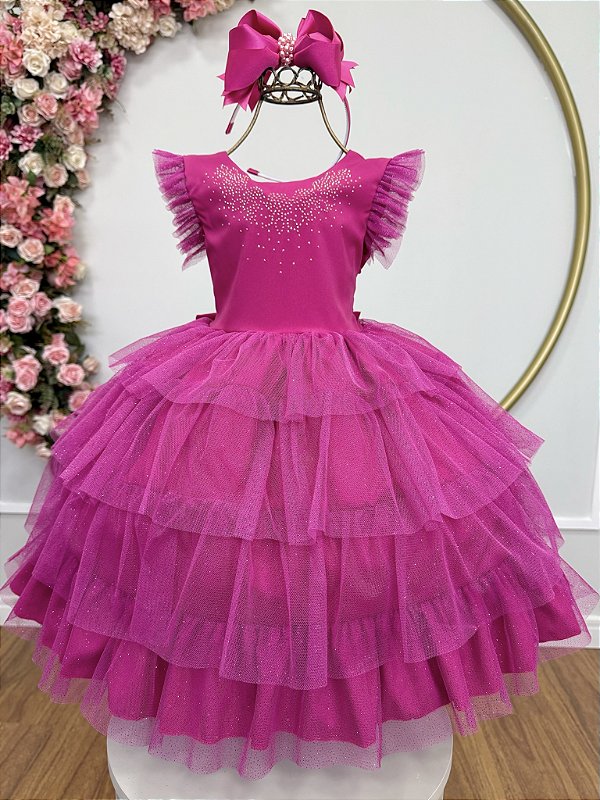 Vestido Infantil Pink Busto Strass Saia Babados Daminhas