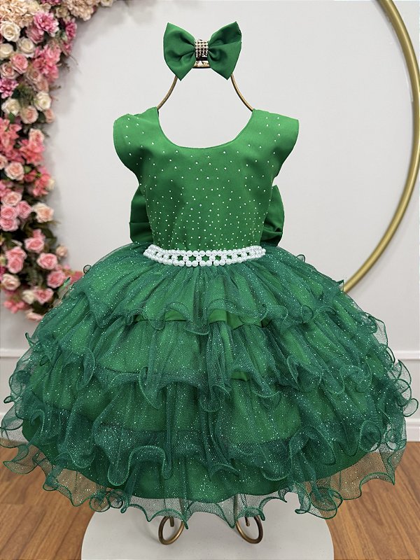 Vestido Infantil Verde Saia Babados e Glitter Daminha