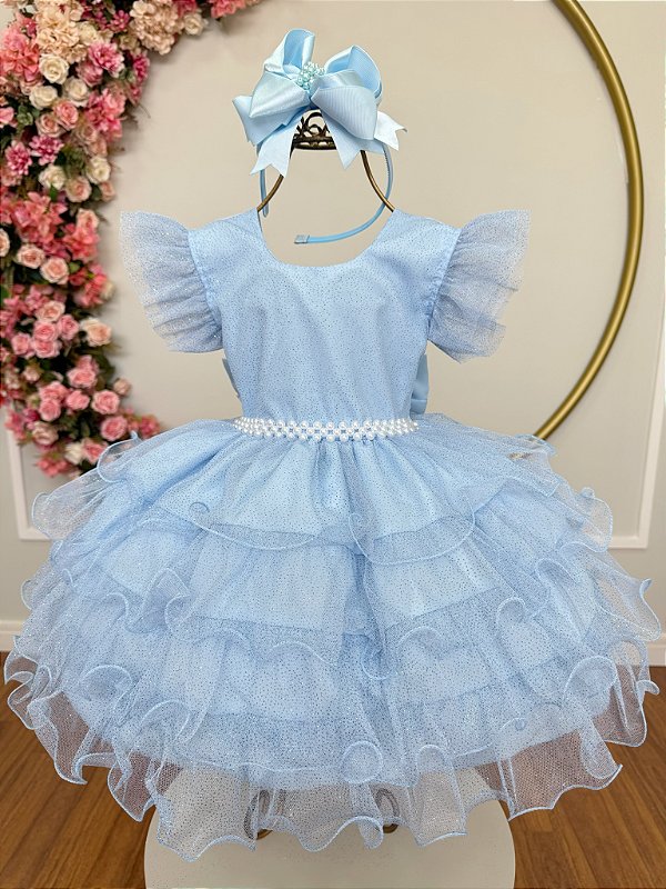 Vestido Infantil Azul Claro Saia Babados e Glitter Daminhas