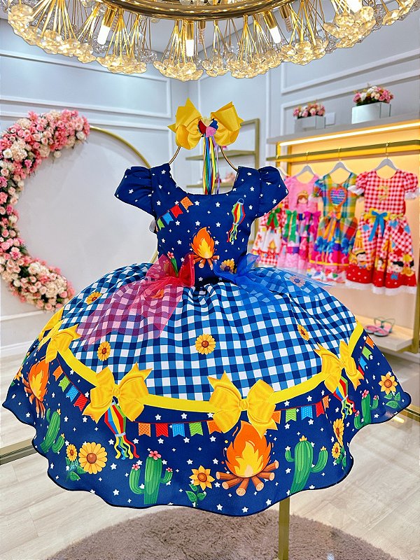 Vestido Infantil Junino Azul Xadrez Colorido Festa São João